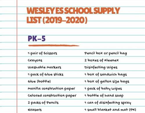 WESLEY ES SCHOOL SUPPLY LIST (2019-2020) 